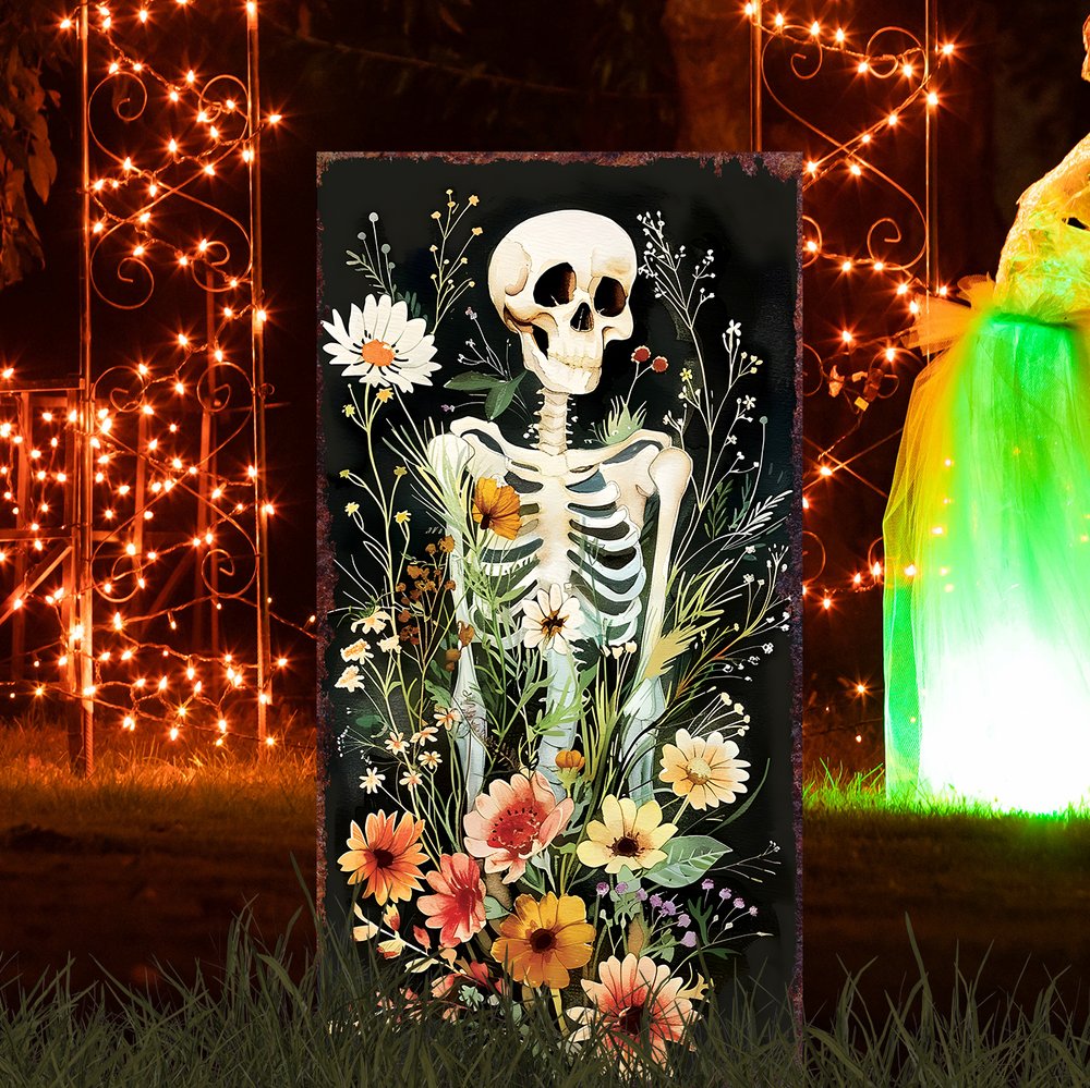 10" Black White Yellow And Green Solid Wood Daisies Halloween Skeleton Garden Stake HomeRoots