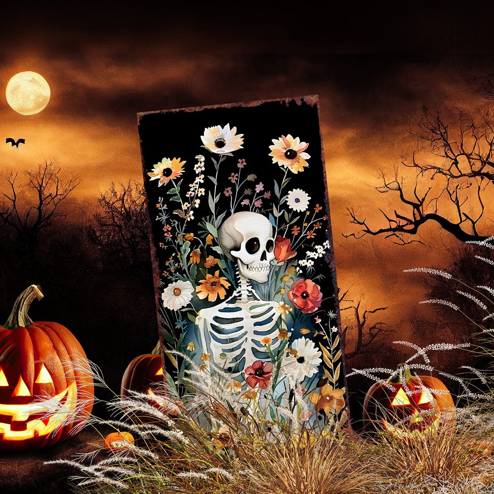 10" Black White Yellow And Green Solid Wood Daisies Halloween Skeleton Garden Stake HomeRoots