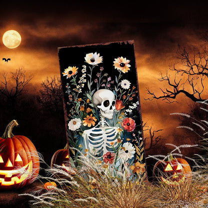 10" Black White Yellow And Green Solid Wood Daisies Halloween Skeleton Garden Stake HomeRoots