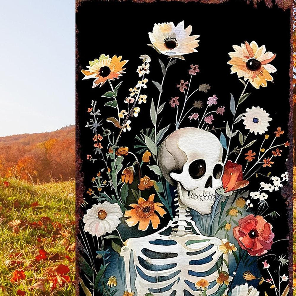 10" Black White Yellow And Green Solid Wood Daisies Halloween Skeleton Garden Stake HomeRoots