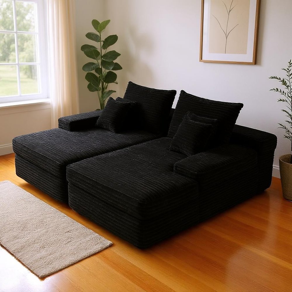 82" Black Corduroy Modular Sofa Chaise And Toss Pillows HomeRoots