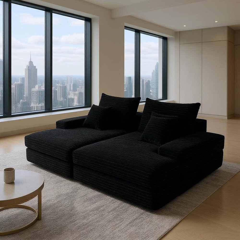 82" Black Corduroy Modular Sofa Chaise And Toss Pillows HomeRoots