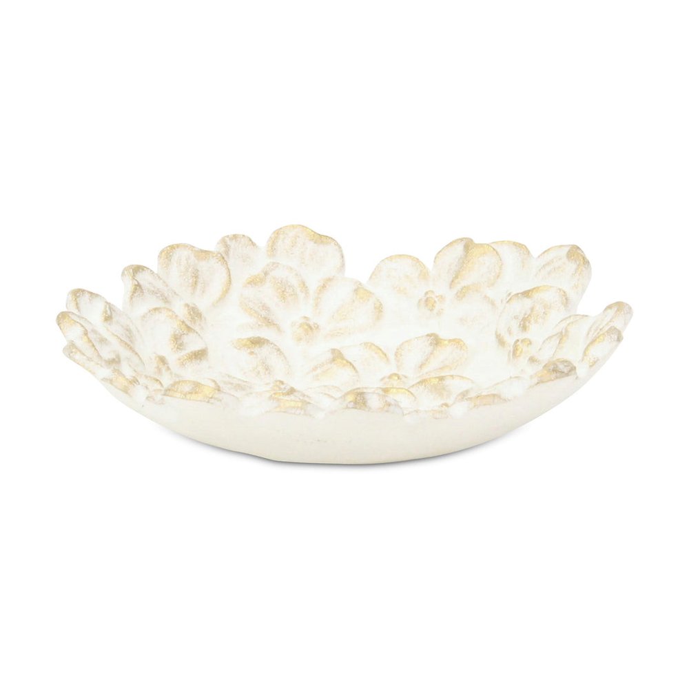7" White And Gold Cast Iron Flower Round Trinket Tray HomeRoots