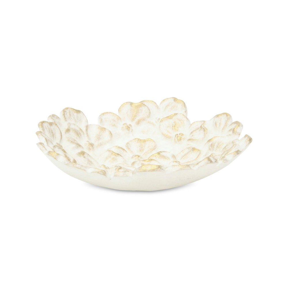 7" White And Gold Cast Iron Flower Round Trinket Tray HomeRoots
