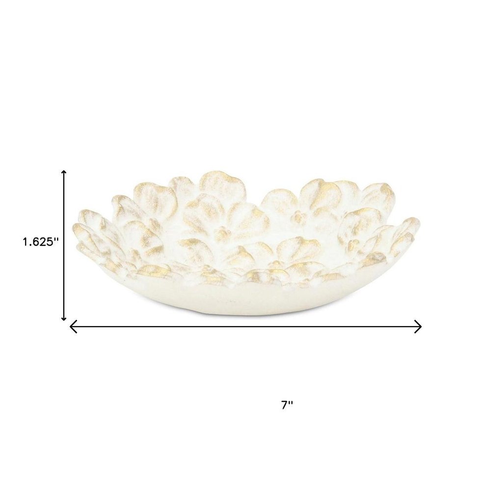 7" White And Gold Cast Iron Flower Round Trinket Tray HomeRoots