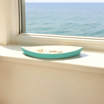 10" Aqua And White Cast Iron Oval Boat Shaped Tray HomeRoots