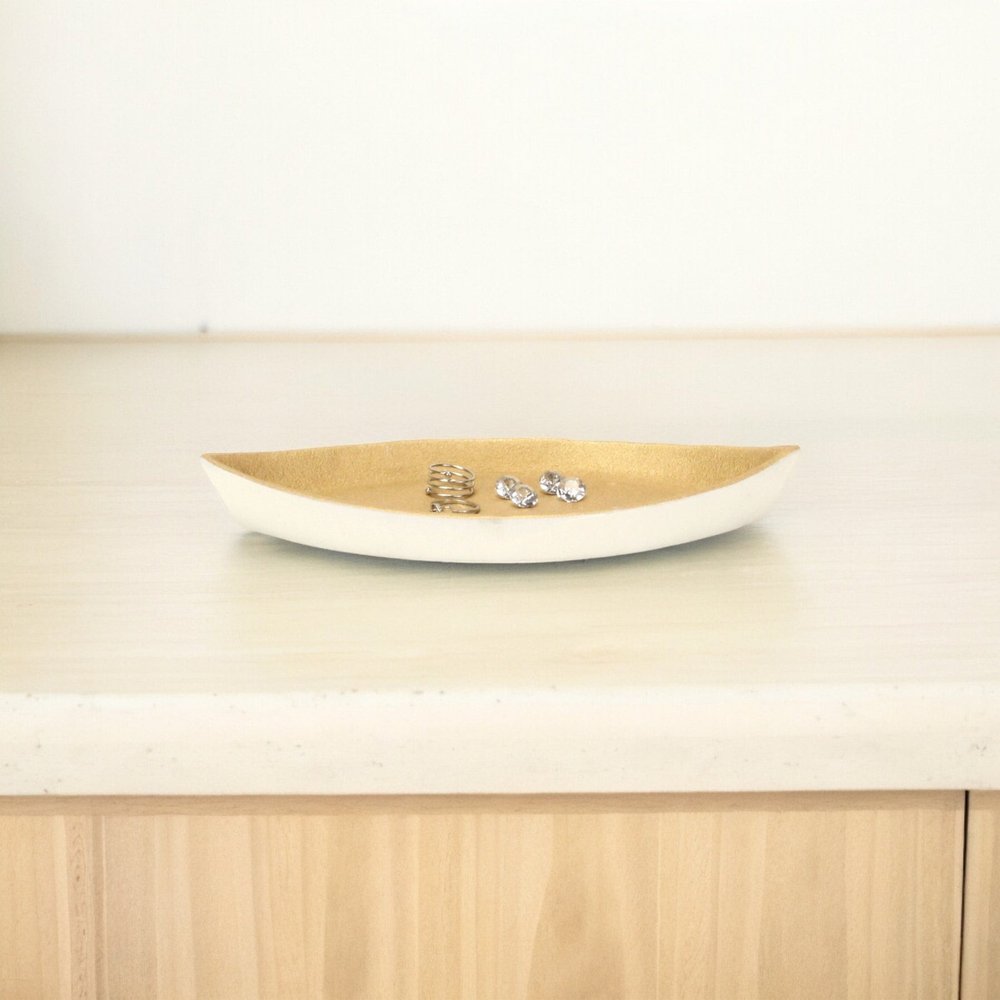 10" Gold And Off White Cast Iron Oval Boat Shaped Tray — view 6