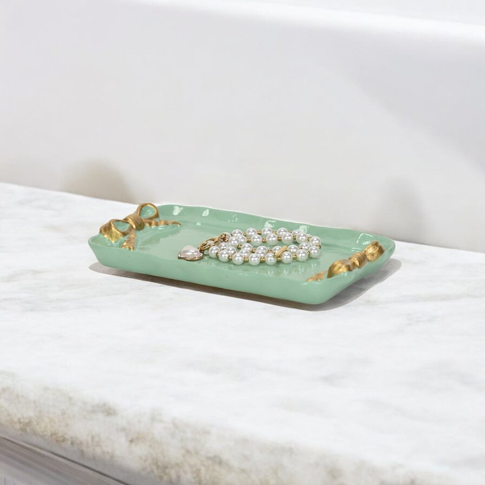 8" Aqua And Gold Cast Iron Ribbons Vanity Tray HomeRoots