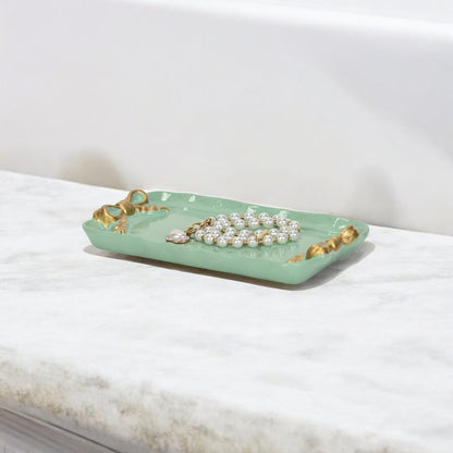 8" Aqua And Gold Cast Iron Ribbons Vanity Tray HomeRoots