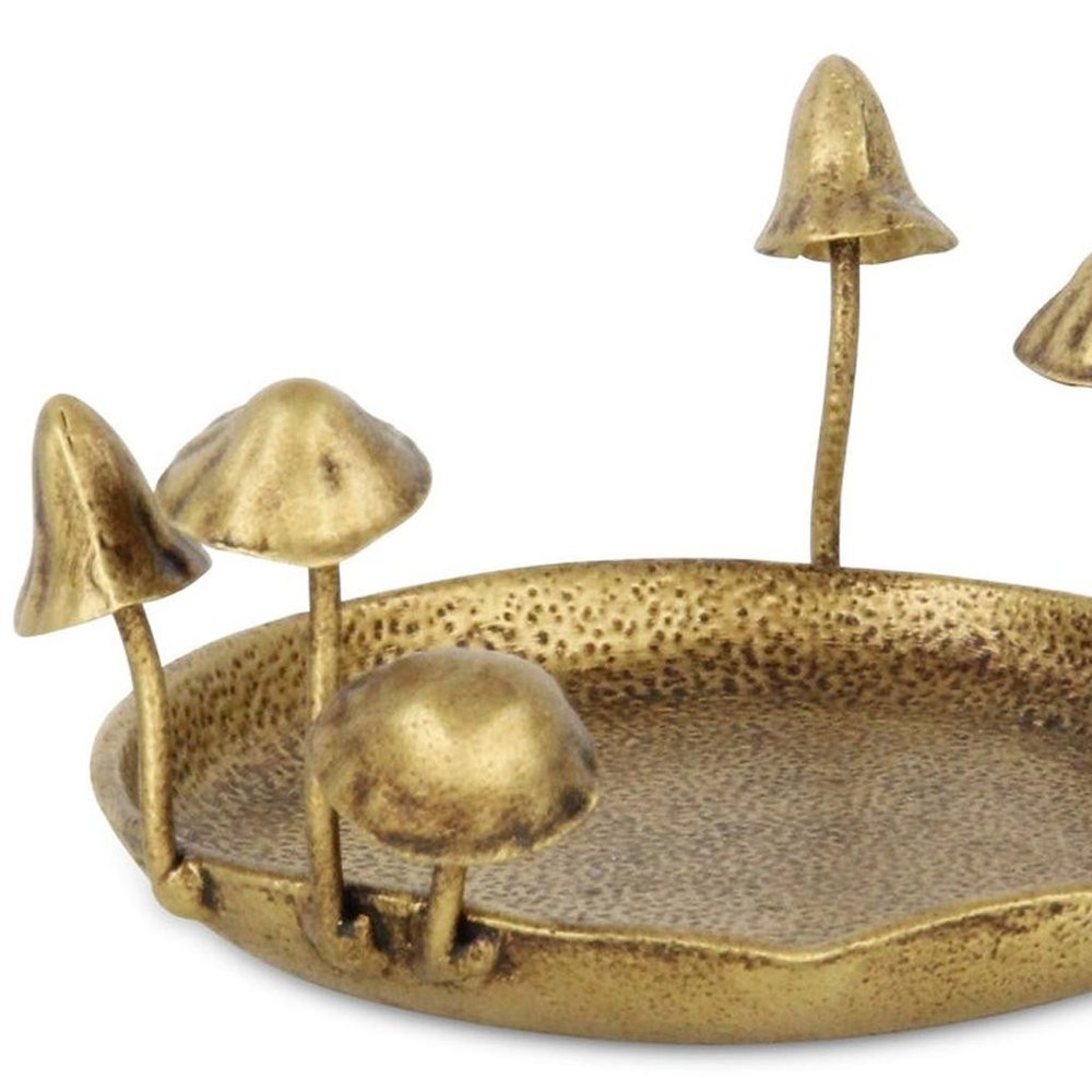 6" Antiqued Gold Cast Iron Mushrooms Trinket Tray HomeRoots