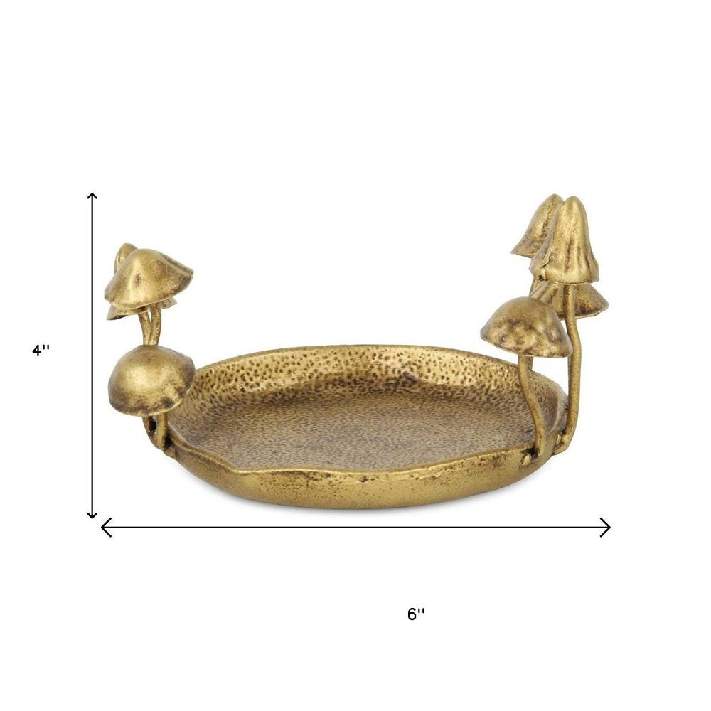 6" Antiqued Gold Cast Iron Mushrooms Trinket Tray HomeRoots