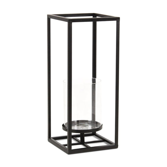 16" Black And Clear Metal And Glass Tabletop Candle Holder HomeRoots