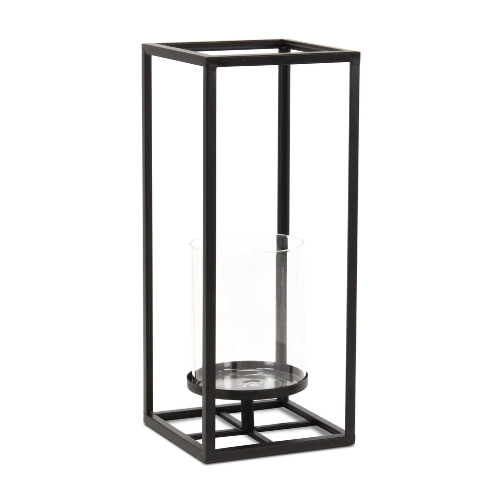 16" Black And Clear Metal And Glass Tabletop Candle Holder HomeRoots