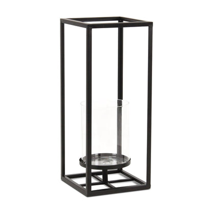 16" Black And Clear Metal And Glass Tabletop Candle Holder HomeRoots