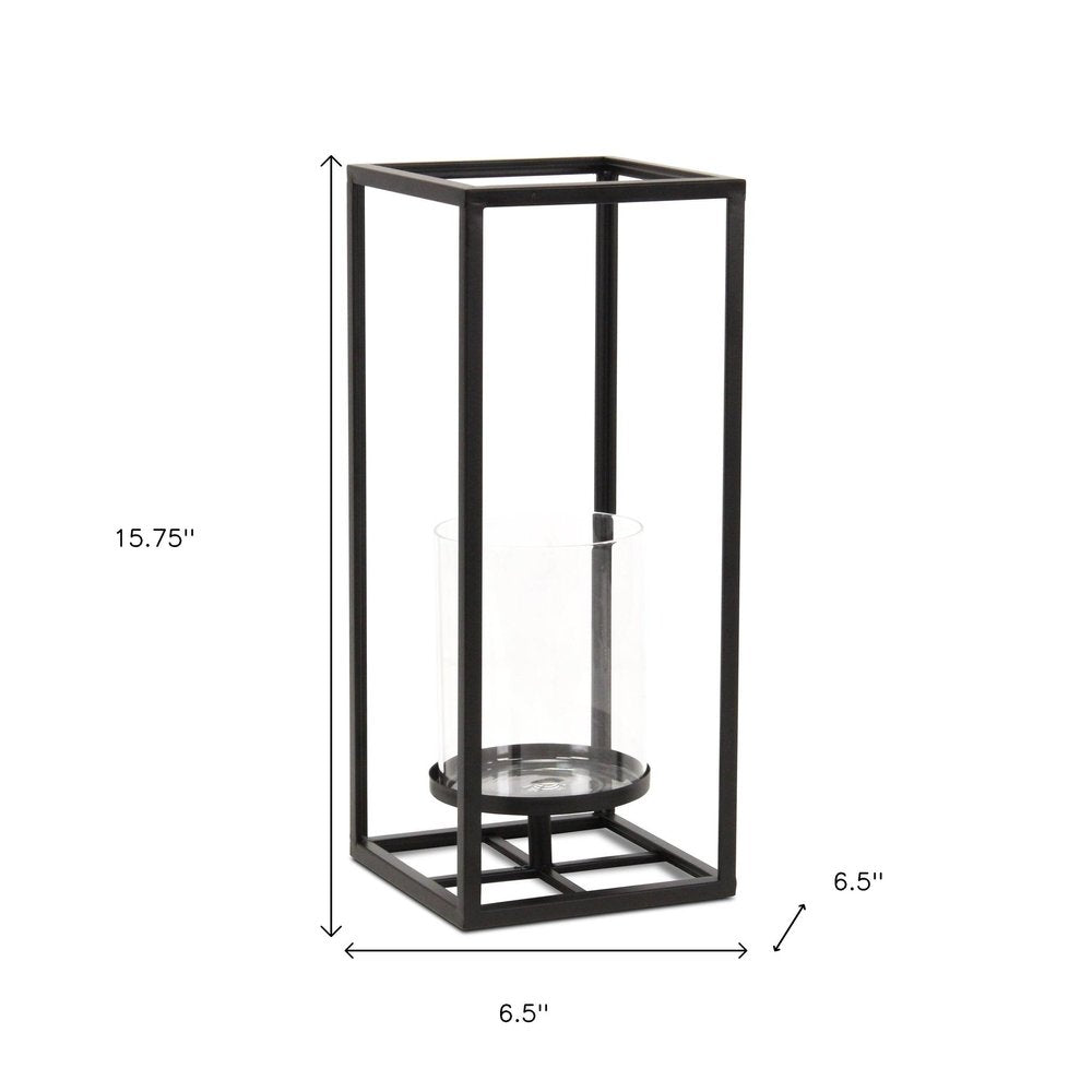 16" Black And Clear Metal And Glass Tabletop Candle Holder HomeRoots