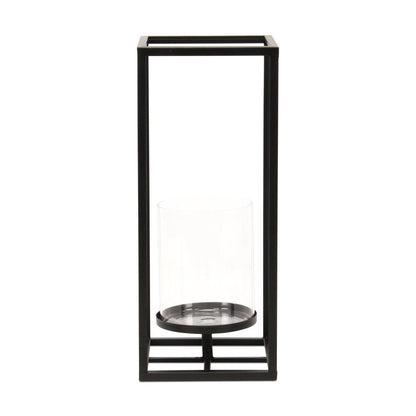 16" Black And Clear Metal And Glass Tabletop Candle Holder HomeRoots