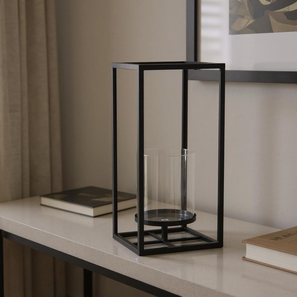 16" Black And Clear Metal And Glass Tabletop Candle Holder HomeRoots