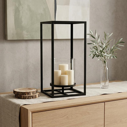 16" Black And Clear Metal And Glass Tabletop Candle Holder HomeRoots