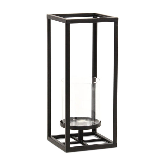 13" Black And Clear Metal And Glass Tabletop Candle Holder HomeRoots