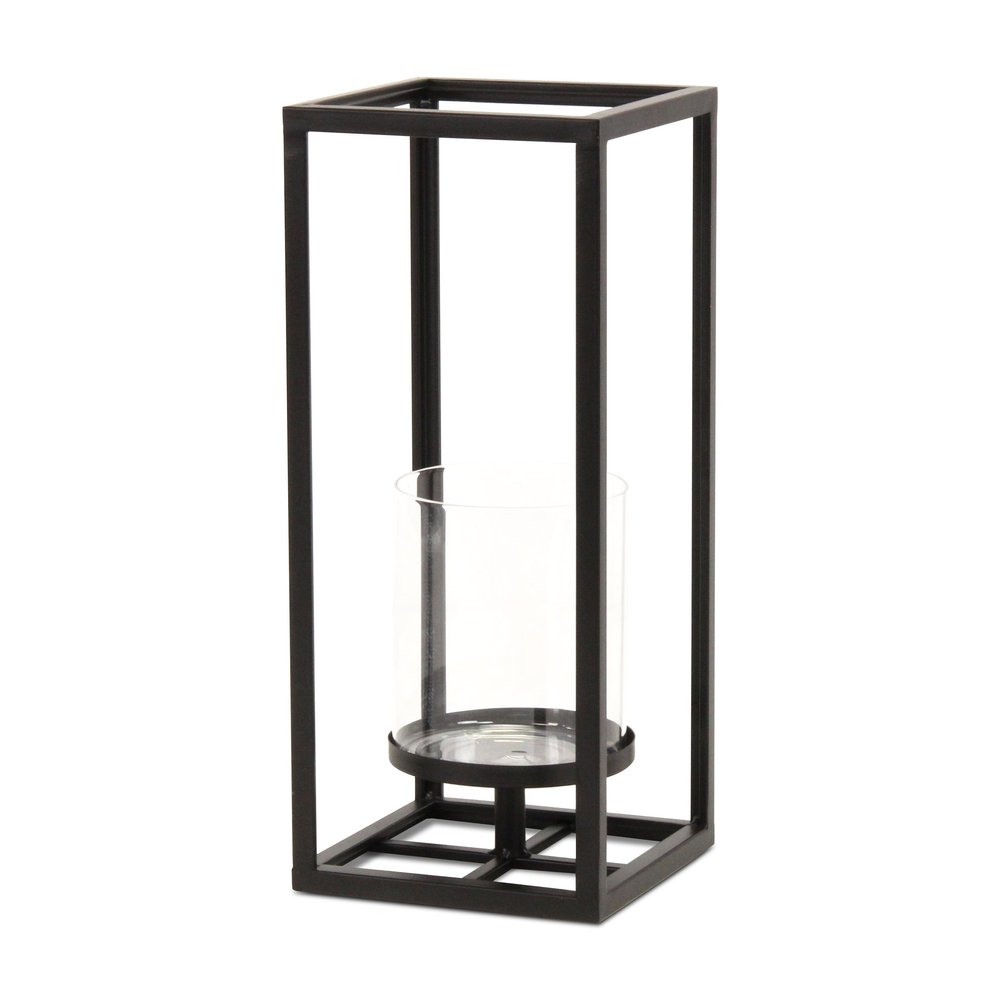 13" Black And Clear Metal And Glass Tabletop Candle Holder HomeRoots
