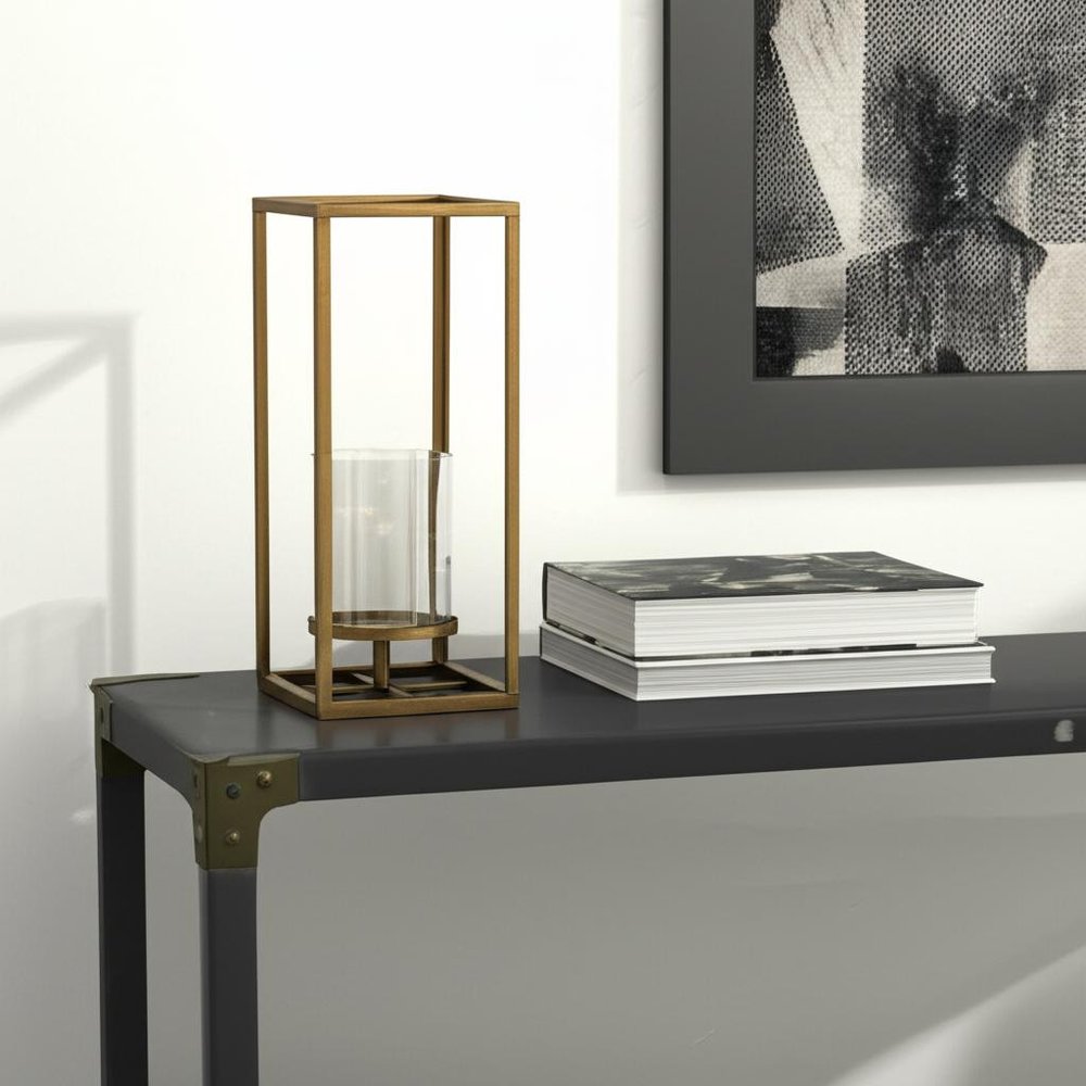 13" Gold And Clear Metal And Glass Tabletop Candle Holder