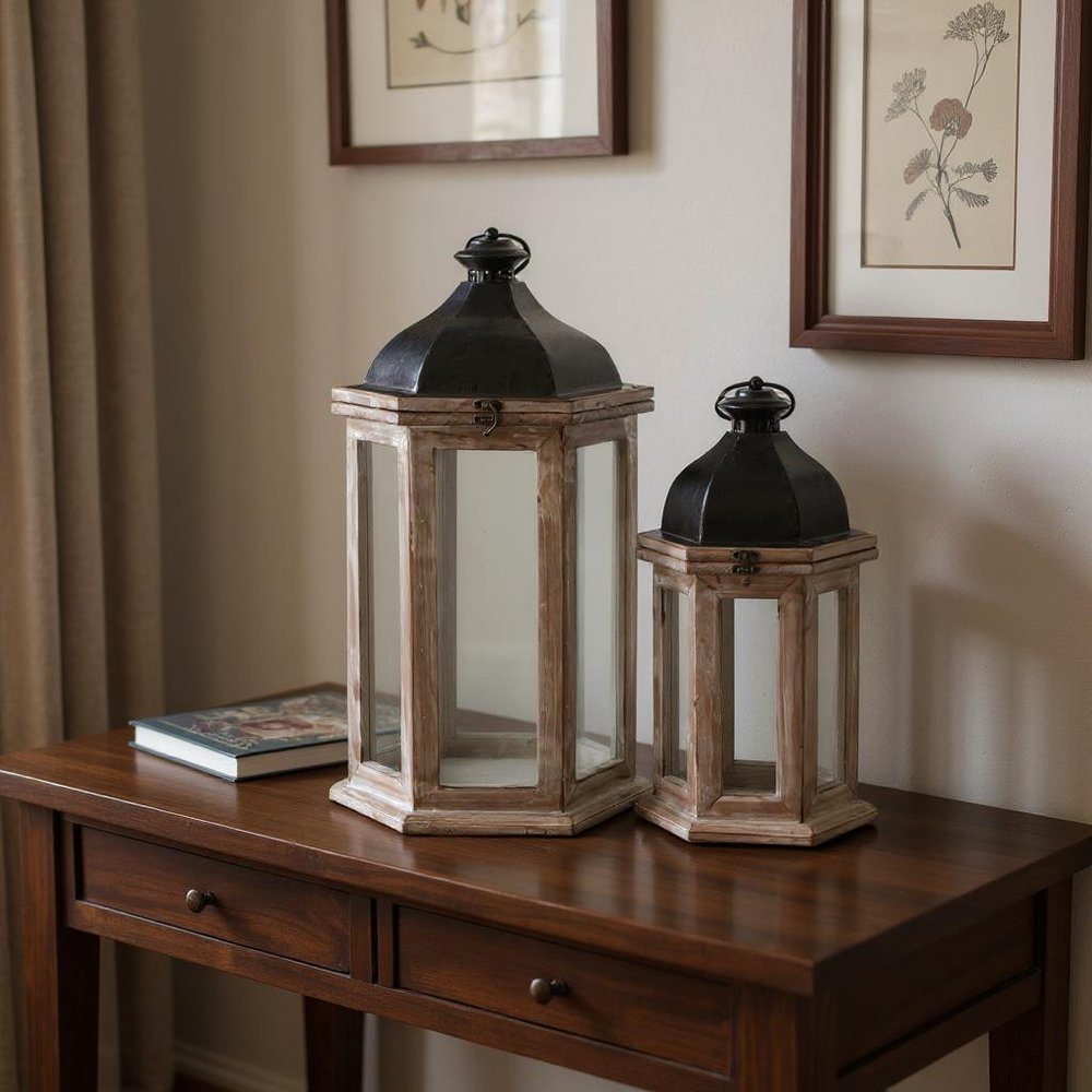 Set of Two Brown Distressed Geometric Metal And Solid Wood Floor Lantern Candle Holders — view 1