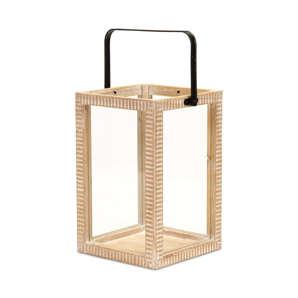 16" Clear And Natural Glass And Solid Wood Tabletop Lantern Candle Holder HomeRoots