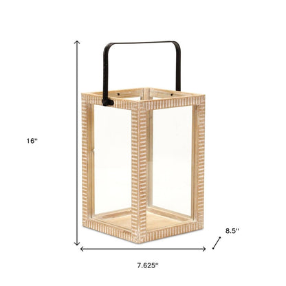 16" Clear And Natural Glass And Solid Wood Tabletop Lantern Candle Holder HomeRoots