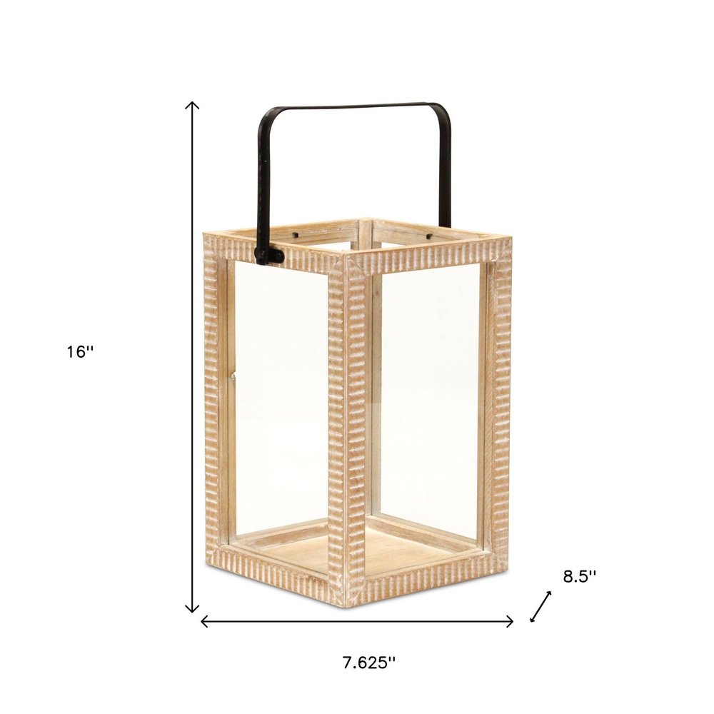 16" Clear And Natural Glass And Solid Wood Tabletop Lantern Candle Holder HomeRoots