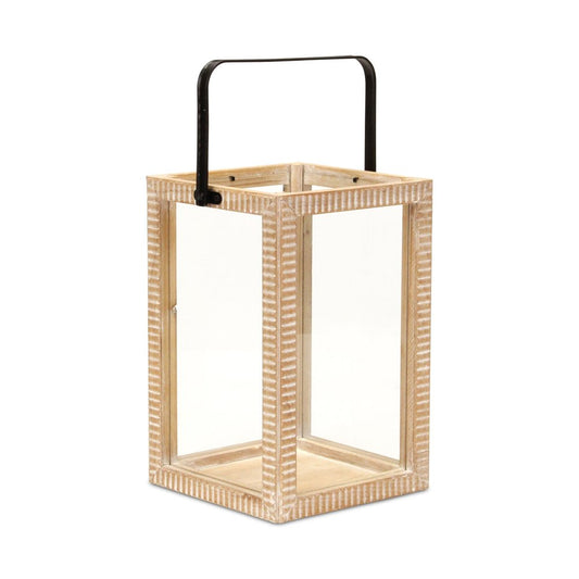 16" Clear And Natural Glass And Solid Wood Tabletop Lantern Candle Holder HomeRoots
