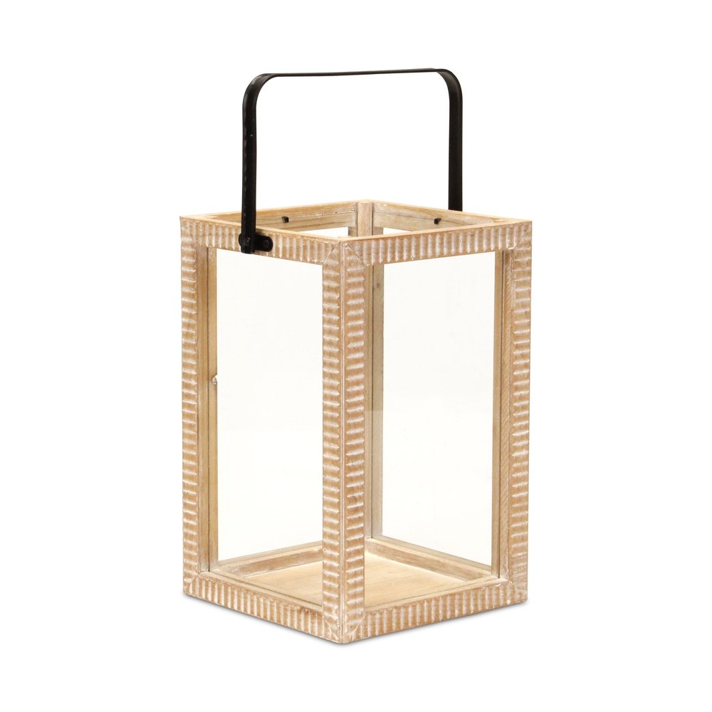 16" Clear And Natural Glass And Solid Wood Tabletop Lantern Candle Holder HomeRoots