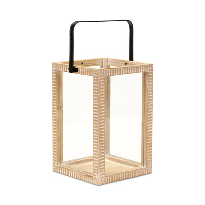 16" Clear And Natural Glass And Solid Wood Tabletop Lantern Candle Holder HomeRoots