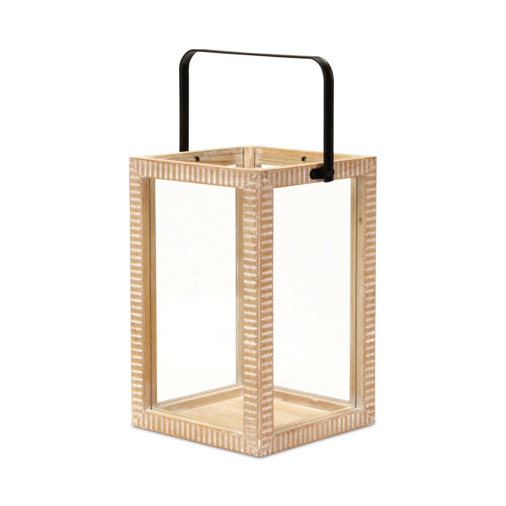 16" Clear And Natural Glass And Solid Wood Tabletop Lantern Candle Holder HomeRoots