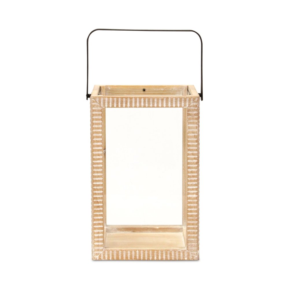 16" Clear And Natural Glass And Solid Wood Tabletop Lantern Candle Holder HomeRoots