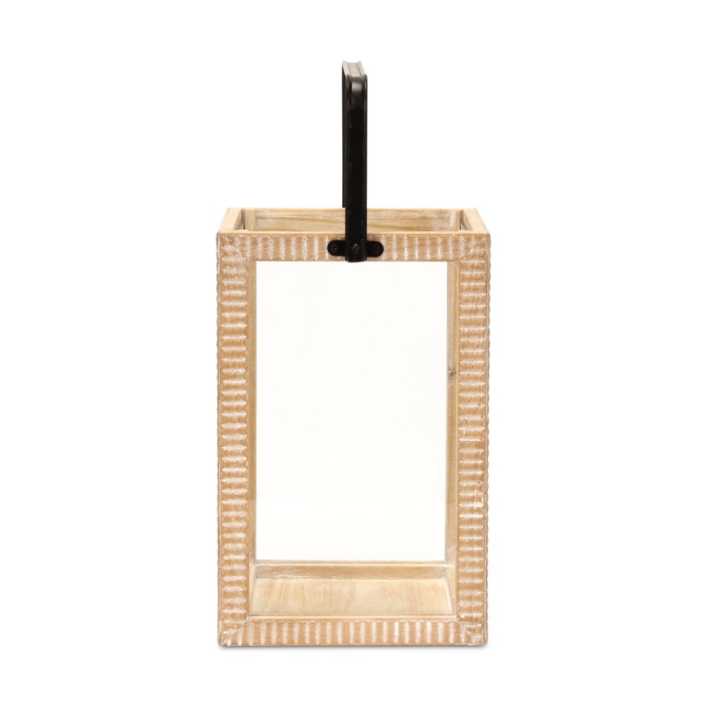 16" Clear And Natural Glass And Solid Wood Tabletop Lantern Candle Holder HomeRoots