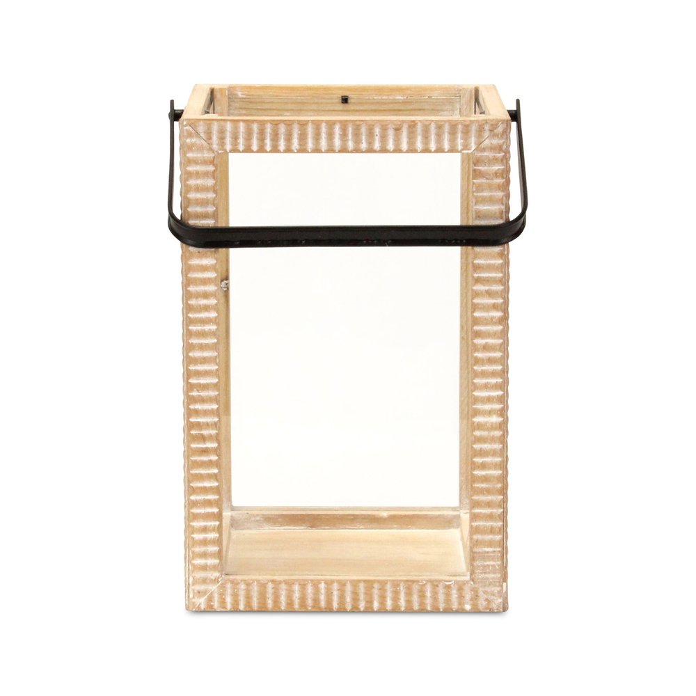16" Clear And Natural Glass And Solid Wood Tabletop Lantern Candle Holder HomeRoots