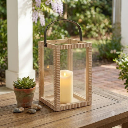 13" Natural Distressed Geometric Solid Wood Tabletop Lantern Candle Holder HomeRoots