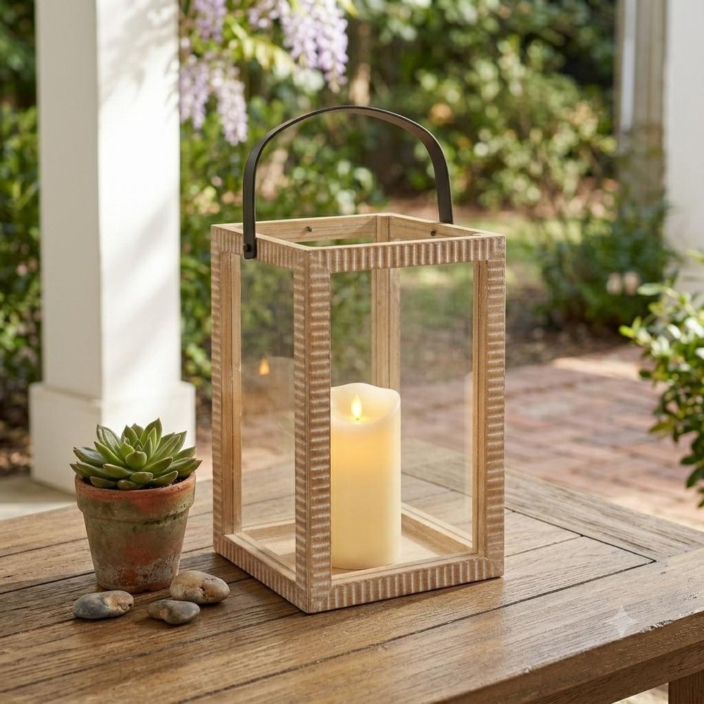 13" Natural Distressed Geometric Solid Wood Tabletop Lantern Candle Holder HomeRoots