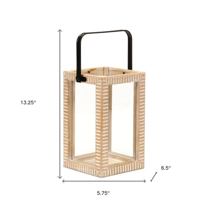 13" Natural Distressed Geometric Solid Wood Tabletop Lantern Candle Holder