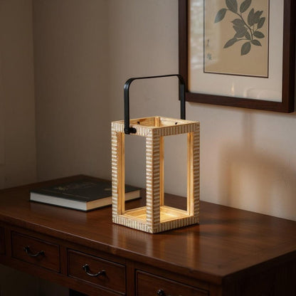 13" Natural Distressed Geometric Solid Wood Tabletop Lantern Candle Holder HomeRoots