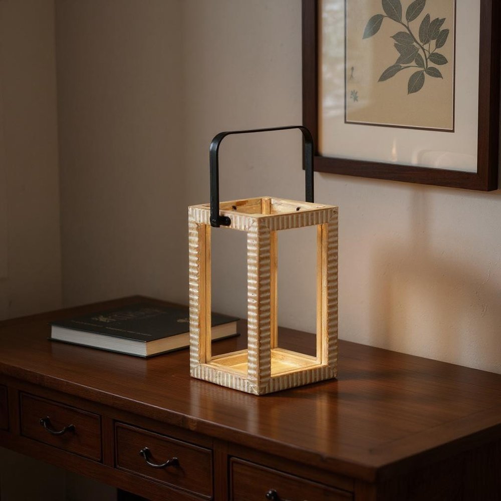 13" Natural Distressed Geometric Solid Wood Tabletop Lantern Candle Holder HomeRoots
