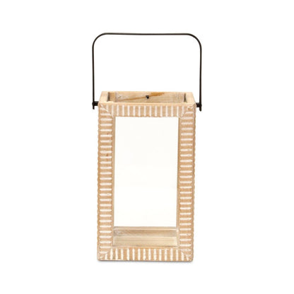 13" Natural Distressed Geometric Solid Wood Tabletop Lantern Candle Holder HomeRoots