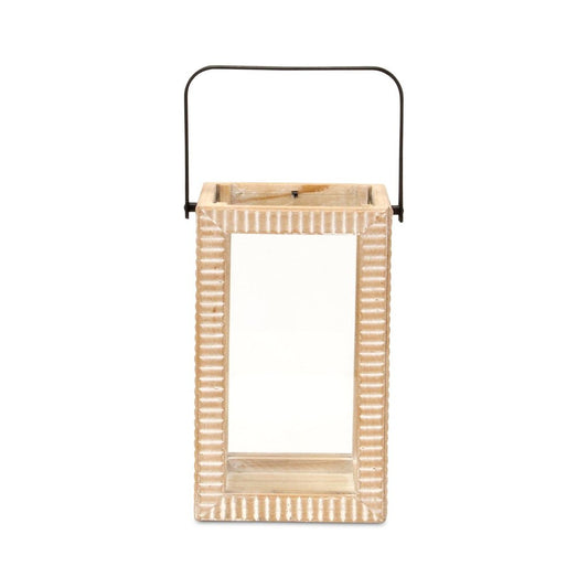 13" Natural Distressed Geometric Solid Wood Tabletop Lantern Candle Holder HomeRoots