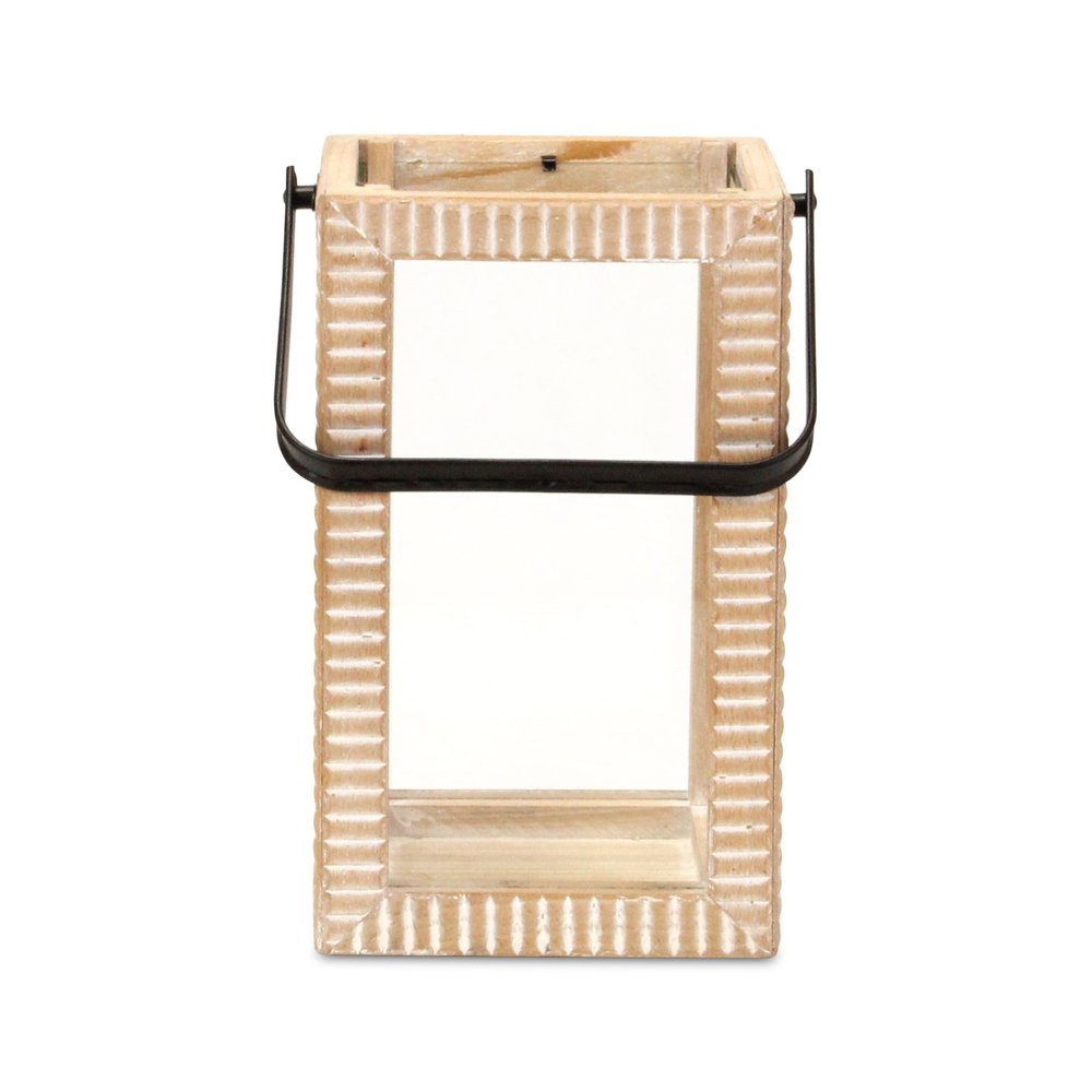 13" Natural Distressed Geometric Solid Wood Tabletop Lantern Candle Holder — view 3