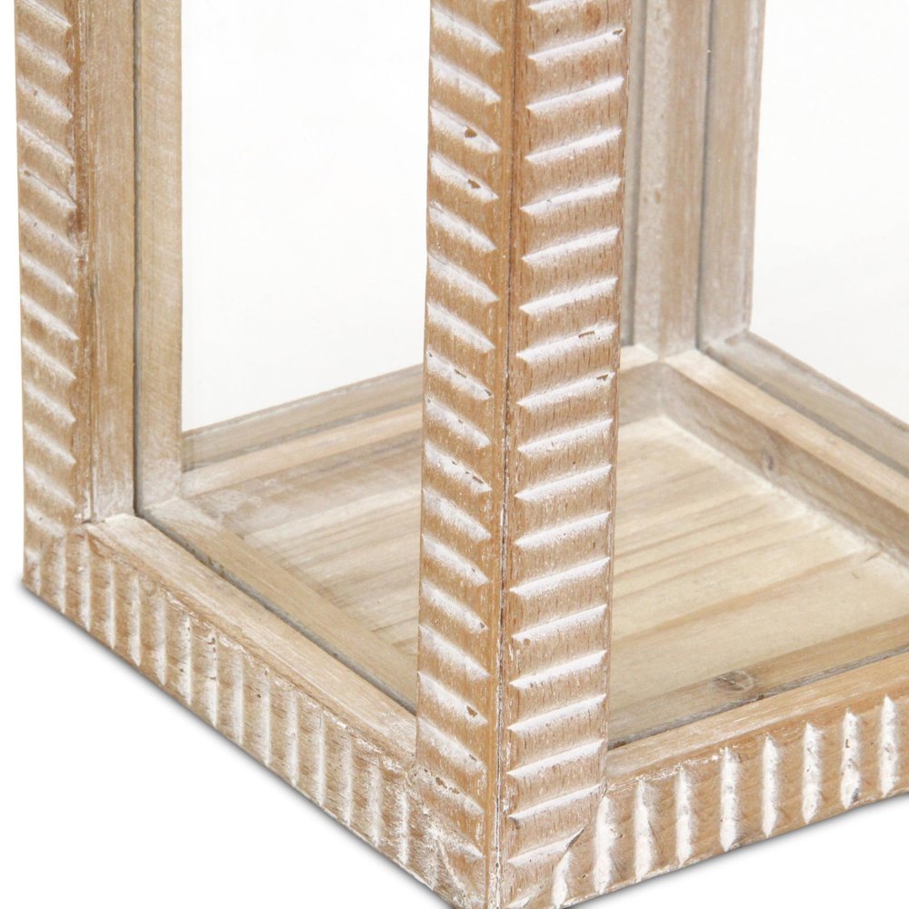 13" Natural Distressed Geometric Solid Wood Tabletop Lantern Candle Holder — view 5