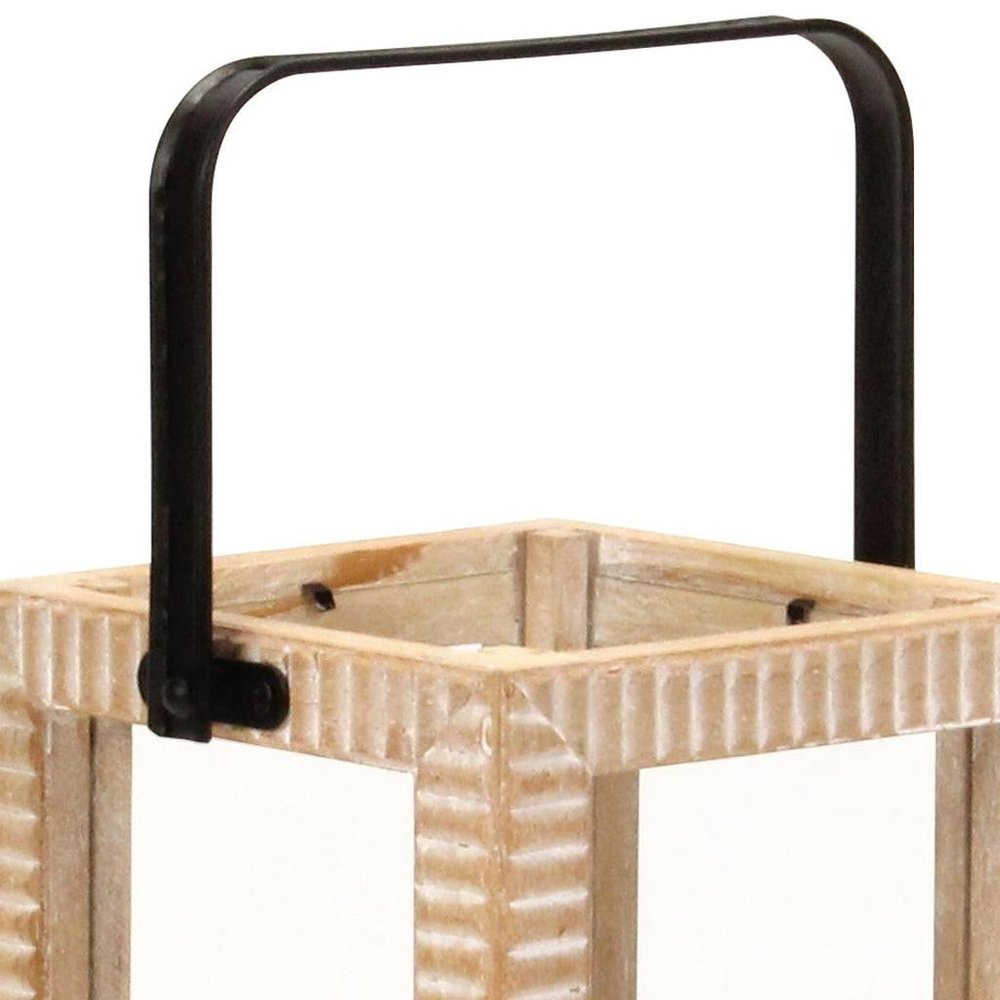 13" Natural Distressed Geometric Solid Wood Tabletop Lantern Candle Holder — view 6