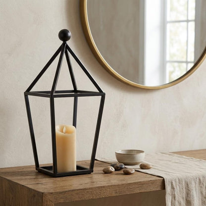 24" Black Geometric Metal Tabletop Lantern Candle Holder HomeRoots