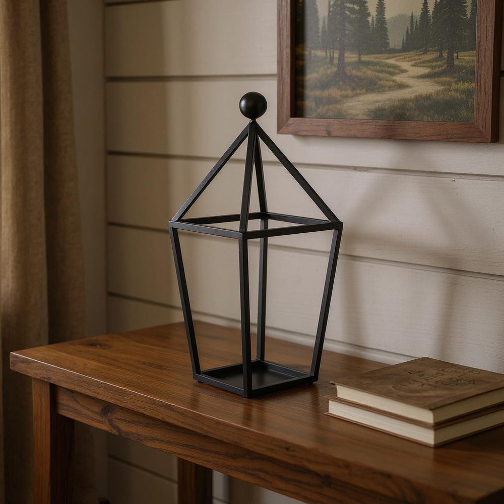 24" Black Geometric Metal Tabletop Lantern Candle Holder HomeRoots