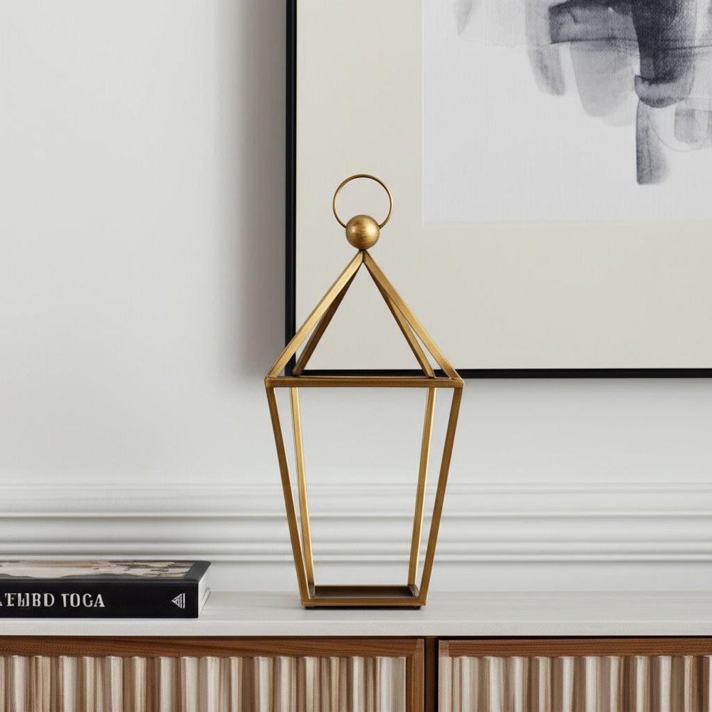 24" Gold Geometric Metal Tabletop Lantern Candle Holder HomeRoots