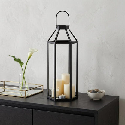 32" Black Geometric Metal Floor Lantern Candle Holder HomeRoots